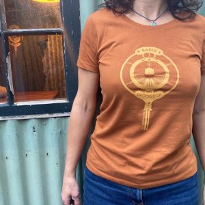 Radio Droogdok logo woman's T-shirt - ochre ink on roasted orange by hut